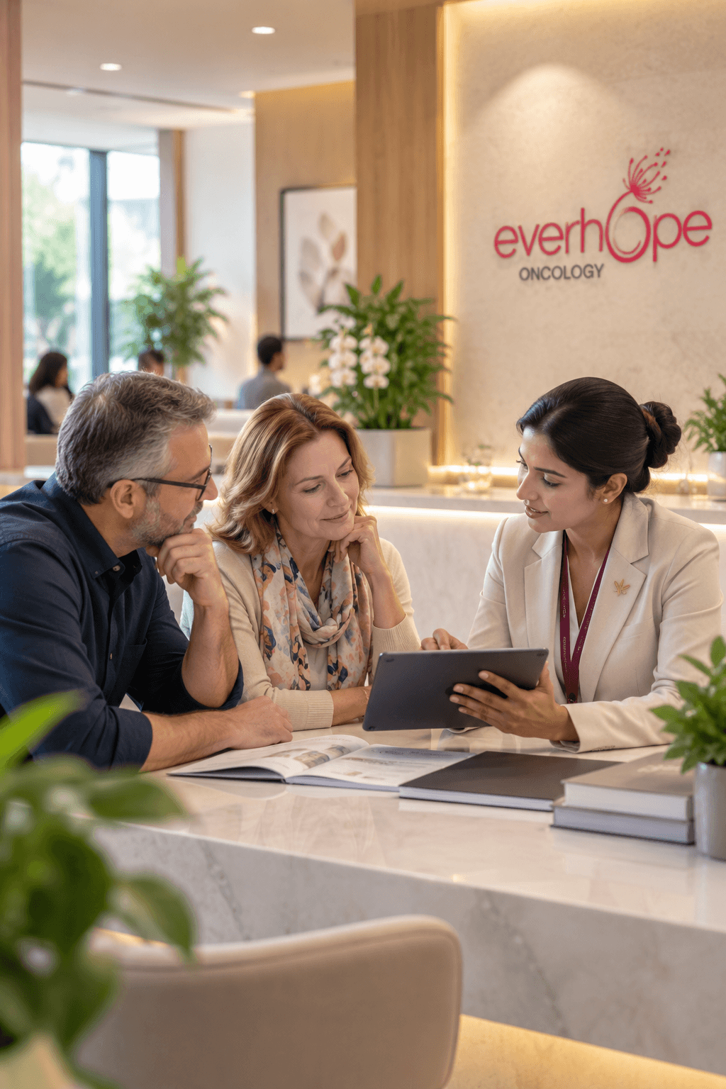 An Everhope doctor guiding a patient at the front desk