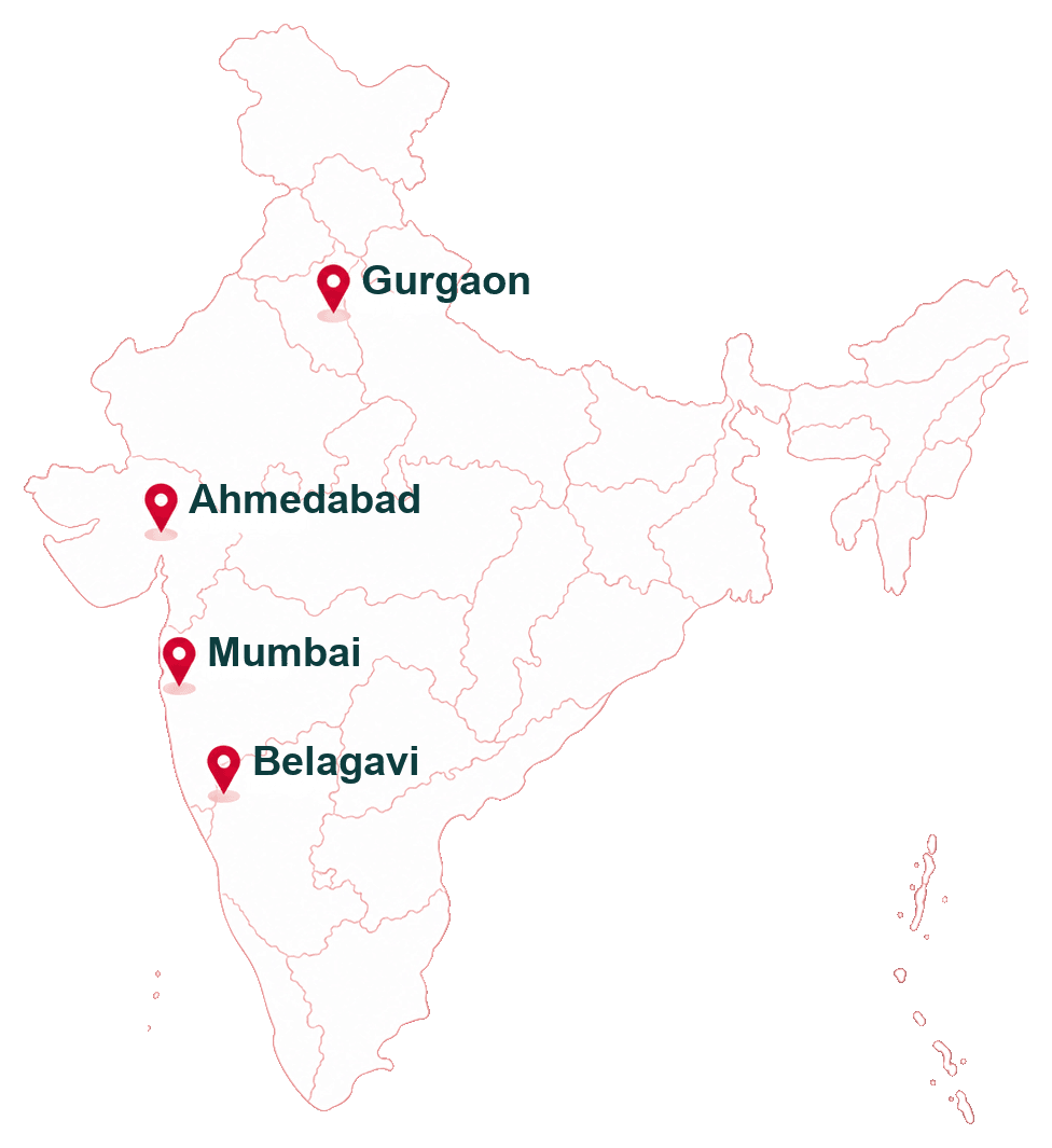 Map of India showing Everhope centres in Gurgaon, Ahmedabad, Mumbai and Belgaum