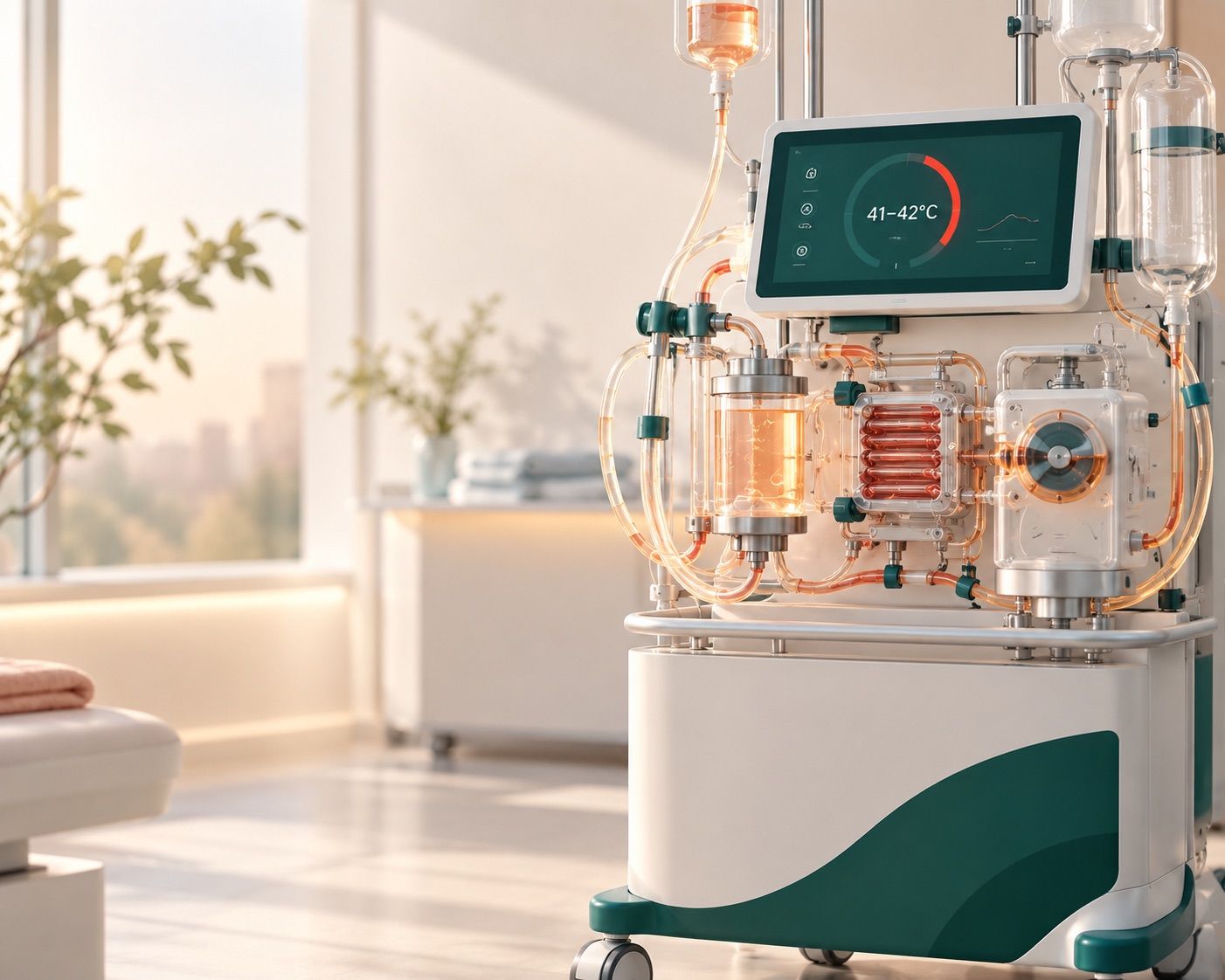 A HIPEC perfusion machine in a clinical room, its display showing the 41 to 42 degrees Celsius circulating temperature